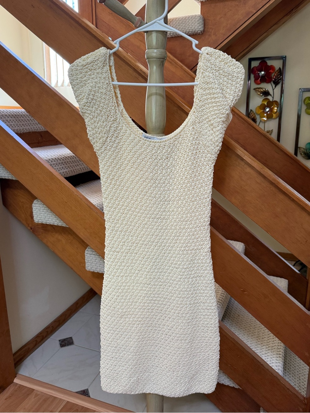Zara Cream Textured Knit Scoop Neck Dress